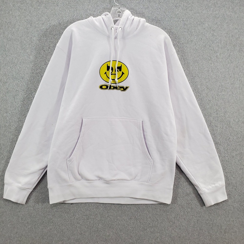Obey Men Sweatshirt Medium White Hoodie Smiley Face Logo Graphic Fleece READ
